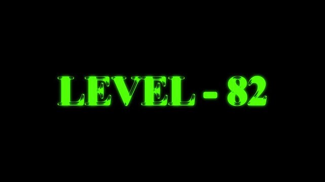 Animated level 82 text on black background suitable for gaming and streaming content. Retro animation of level glitch text with glitch effect on black background. Level sign text animation.