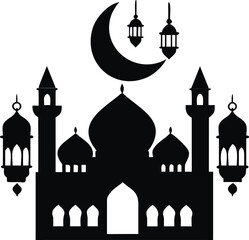 Islamic mosque with crescent moon and lanterns isolated on white background isolated on transparent background