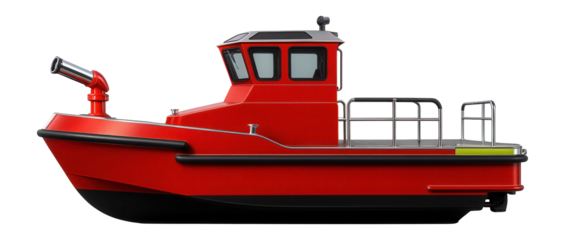 Firefighting tugboat with prominent bow nozzle and stern platform