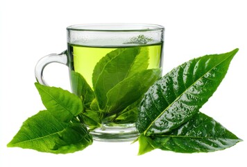 Clear mug filled with green tea, surrounded by lush green leaves. Bright, clean, healthy beverage presentation
