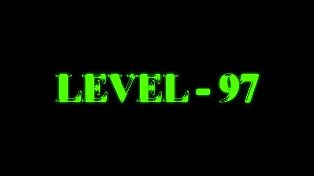 Animated level 97 text on black background suitable for gaming and streaming content. Retro animation of level glitch text with glitch effect on black background. Level sign text animation.