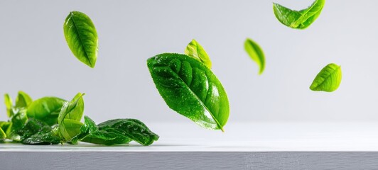 Bright green leaves are scattered and floating in the air against a stark white background, some resting on a white surface below
