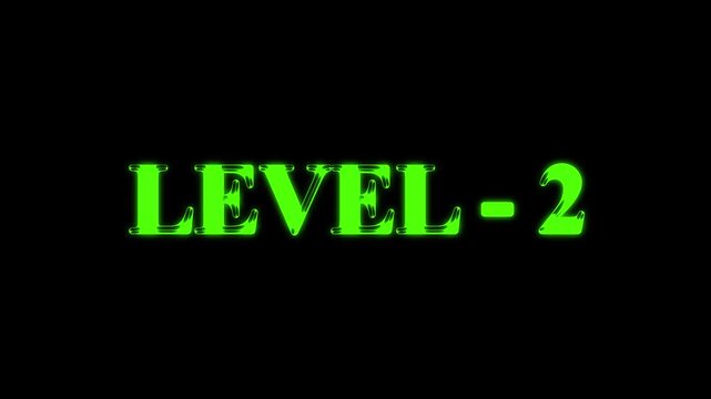 Animated level 2 text on black background suitable for gaming and streaming content. Retro animation of level glitch text with glitch effect on black background. Level sign text animation.
