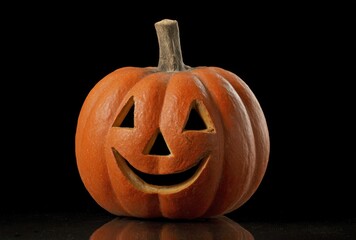 Carved pumpkin with triangular eyes and a wide smile against a black background. A perfect Halloween decoration with its seasonal charm