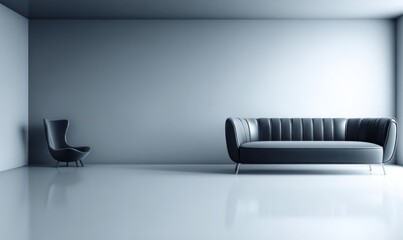 Modern, minimalist interior showcasing a dark gray sofa and a single chair in a spacious room with muted tones.