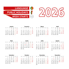 Calendar 2026 in Portuguese language with public holidays the country of Portugal in year 2026.