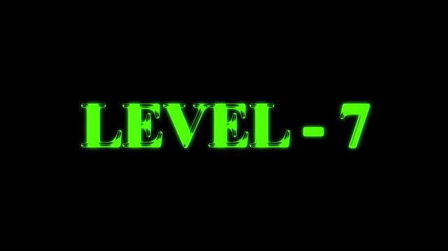 Animated level 7 text on black background suitable for gaming and streaming content. Retro animation of level glitch text with glitch effect on black background. Level sign text animation.