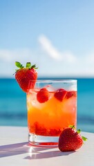 A refreshing strawberry cocktail, garnished with fresh strawberries, stands against a backdrop of the azure sea and sky, evoking a sense of summer bliss
