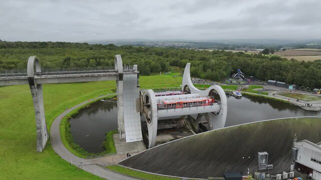 Falkirk Wheel from a drone, Forth and Clyde Canal, Falkirk, Scotland, UK