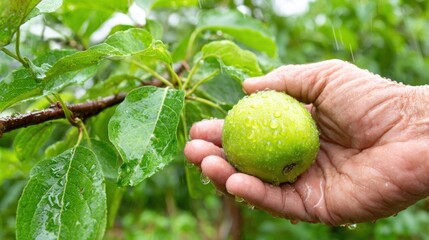 Wrinkled hand holds a vibrant green apple speckled with water droplets, nestled against a leafy branch, soft-focus background in dappled light