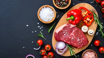 Overhead shot of raw steak, red pepper, mushroom, tomato, onion, salt, pepper, and rosemary on a wooden board against a dark background, showcasing ingredients for cooking