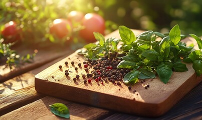Fresh Herbs and Peppercorns on Rustic Wooden Board in Sunlight. Generative With Ai