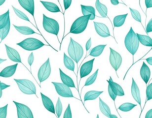 Delicate teal leaves on a white background.  A seamless pattern
