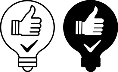 Solution Icons. Black and White Vector Illustration. Light Bulb and Thumbs Up, Like. Answer to Question, Solve Problem. Digital Marketing Concept