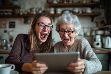Adult woman and elderly mother reacting to funny video on tablet, expressive laughter, kitchen counter with tea, shared tech moment.