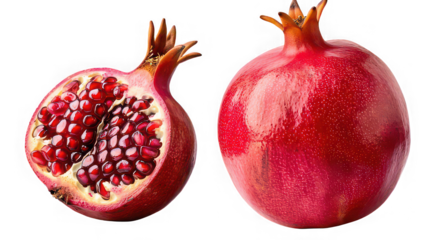 Fresh pomegranate showing juicy seeds and whole fruit against a