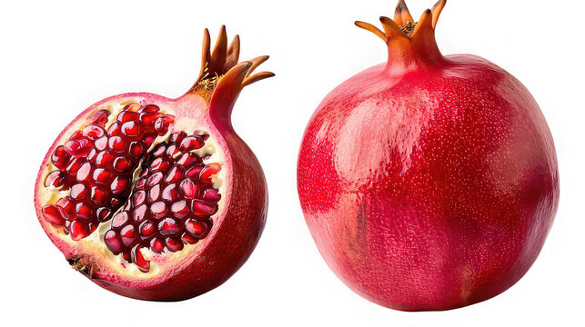 Fresh pomegranate showing juicy seeds and whole fruit against a