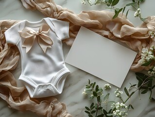 Newborn baby onesie with bow blank card and delicate flowers on a marble flat lay background