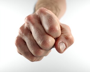 A close-up shot showcases a person's fist, clenched tight with visible knuckles, set against a clean, white background