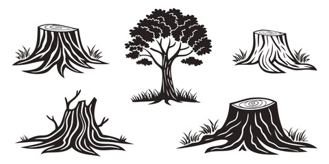 Monochrome Forest Depiction of Tree Stumps and Single Tree Silhouette