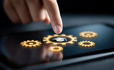 Finger touches a tablet displaying gears with a graduation cap. Shiny reflection on tablet screen. Soft focus. Macro shot