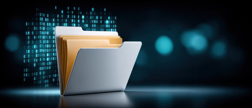 Digital folder with yellow file and flowing data stream conveying secure information management and organized folder data storage efficiency