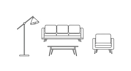 Minimalist line art illustration of living room furniture set including a sofa, armchair, coffee table, and floor lamp.