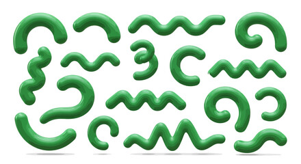 A collection of various green wavy and curved shapes, resembling extruded frosting or dough, isolated on a white background.
