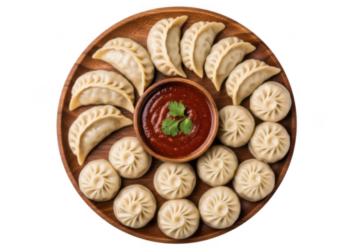 Delicious momos served with spicy dipping sauce isolated on transparent background