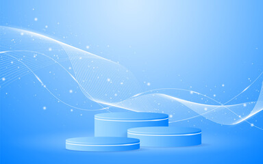 Multi-layered blue podium with elegant white wave lines on the back for product presentation. Display of cosmetic products. Stage or podium. vector illustration	