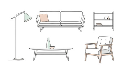 Line drawing of modern furniture including a sofa, armchair, lamp, coffee table, and shelving unit.