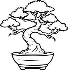 Simple Black and White Bonsai Tree Illustration in a Pot