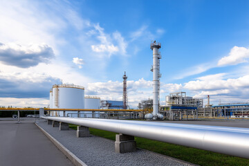 Obraz premium Industrial facility with storage tanks and pipes under blue sky