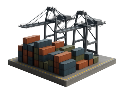 Intermodal container yard with stacked shipping containers and gantry cranes