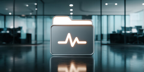 Fototapeta premium Digital folder with glowing heartbeat icon modern office data folder concept showing secure medical data and folder monitoring heartbeat calm