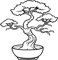Minimalist Bonsai Tree Illustration in Pot Featuring Twisted Trunk and Branches