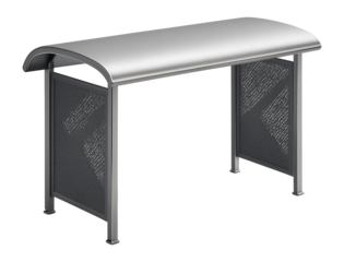 Curved steel bus stop canopy with perforated side panels for ventilation