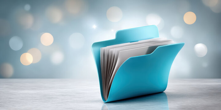 Blue folder holding organized paper files and data soft bokeh light suggesting digital archive and tidy document storage for business and personal