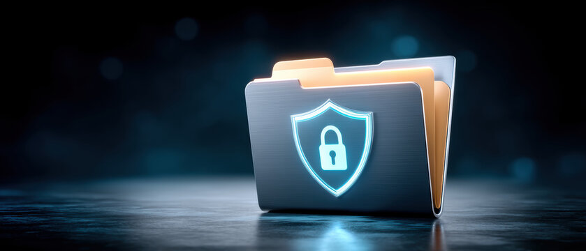 Secure folder icon glowing on dark surface with data protection and encrypted file backup for privacy and cloud storage