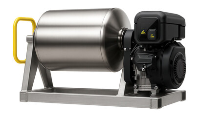 Skid-mounted mobile concrete mixer with a horizontal drum and a gasoline engine for temporary construction setups.