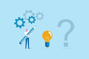 Man with pencil and gears contemplating a lightbulb and question mark representing idea generation and problem solving