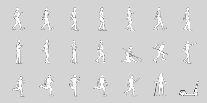 Collection of character animation keyframes showing walking running and standing poses with props and a scooter
