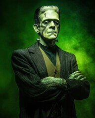 Adult Man Dressed as Frankenstein for Halloween on a Green Banner with Space for Copy. MZ 