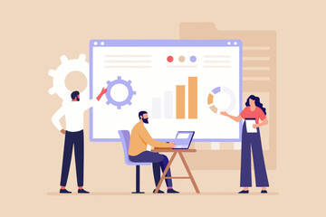 Fototapeta premium Team presenting business analytics data on a large screen with charts and graphs during a meeting