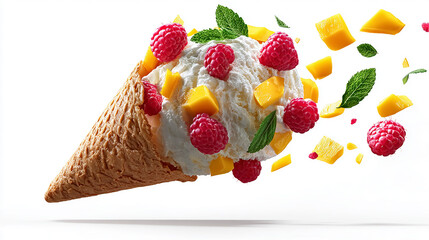 Levitation ice cream cone topped with fresh raspberries, mango slices, and mint leaves, floating against a clean white background, high-resolution
