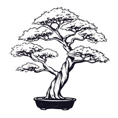 Monochrome Bonsai Tree Illustration Traditional Japanese Art Form Zen Culture Serenity and Balance