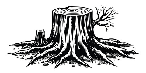 Striking Black and White Woodcut of a Tree Stump with Exposed Roots