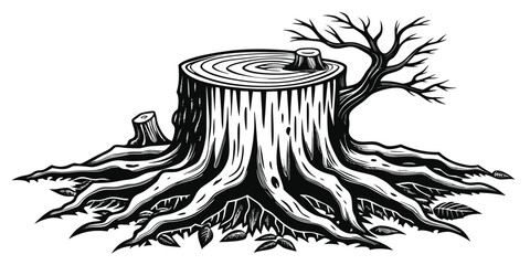Detailed Woodcut Style Tree Stump Illustration Depicting Nature and Decay