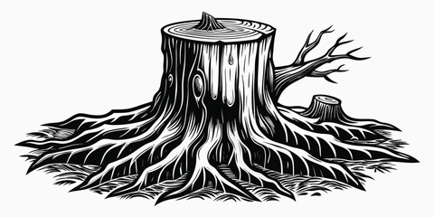 Monochrome Tree Stump Illustration with Roots and a Small Tree Next To it