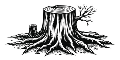 Monochrome Illustration of a Tree Stump with Exposed Roots and a Small Branch
